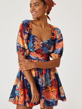 In the Tropics Puff-Sleeve Mini Dress in Navy and Orange